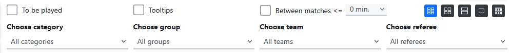 Filters and match sheet layout selection in tournament software