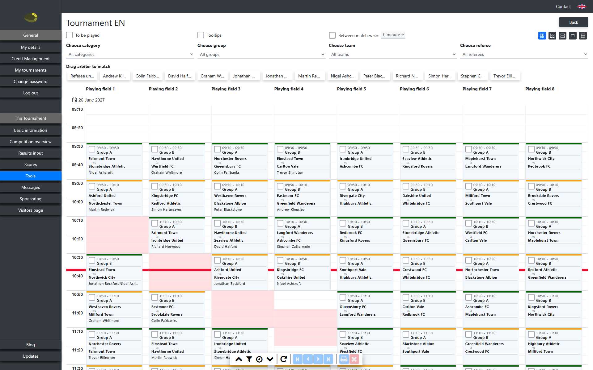 toernooisoftware.nl match planning with multiple fields and referees