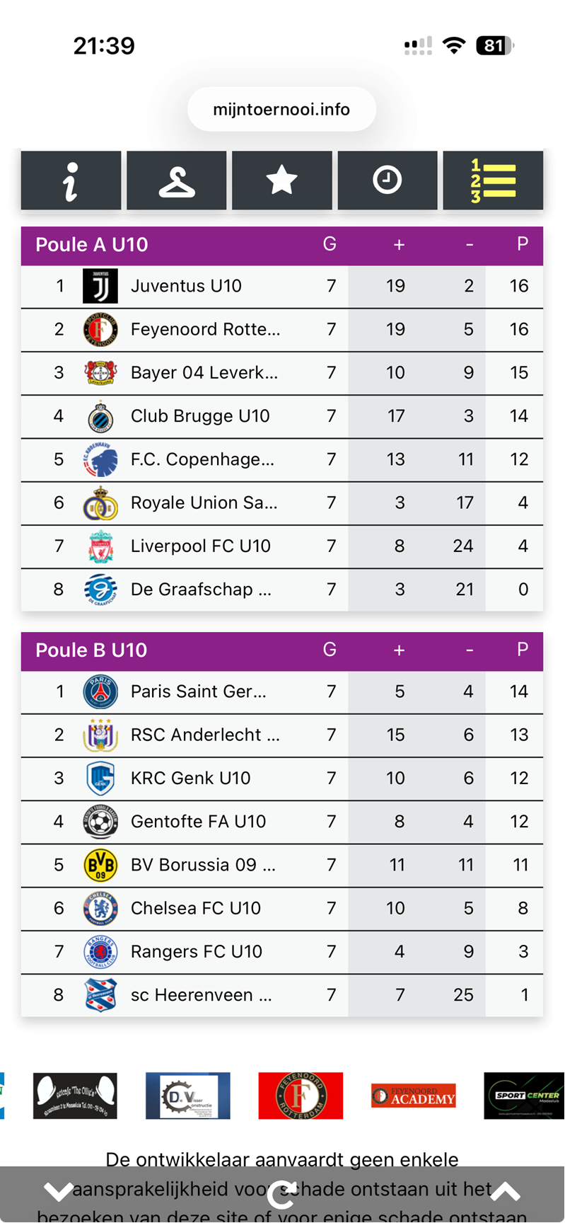 Mobile standings page