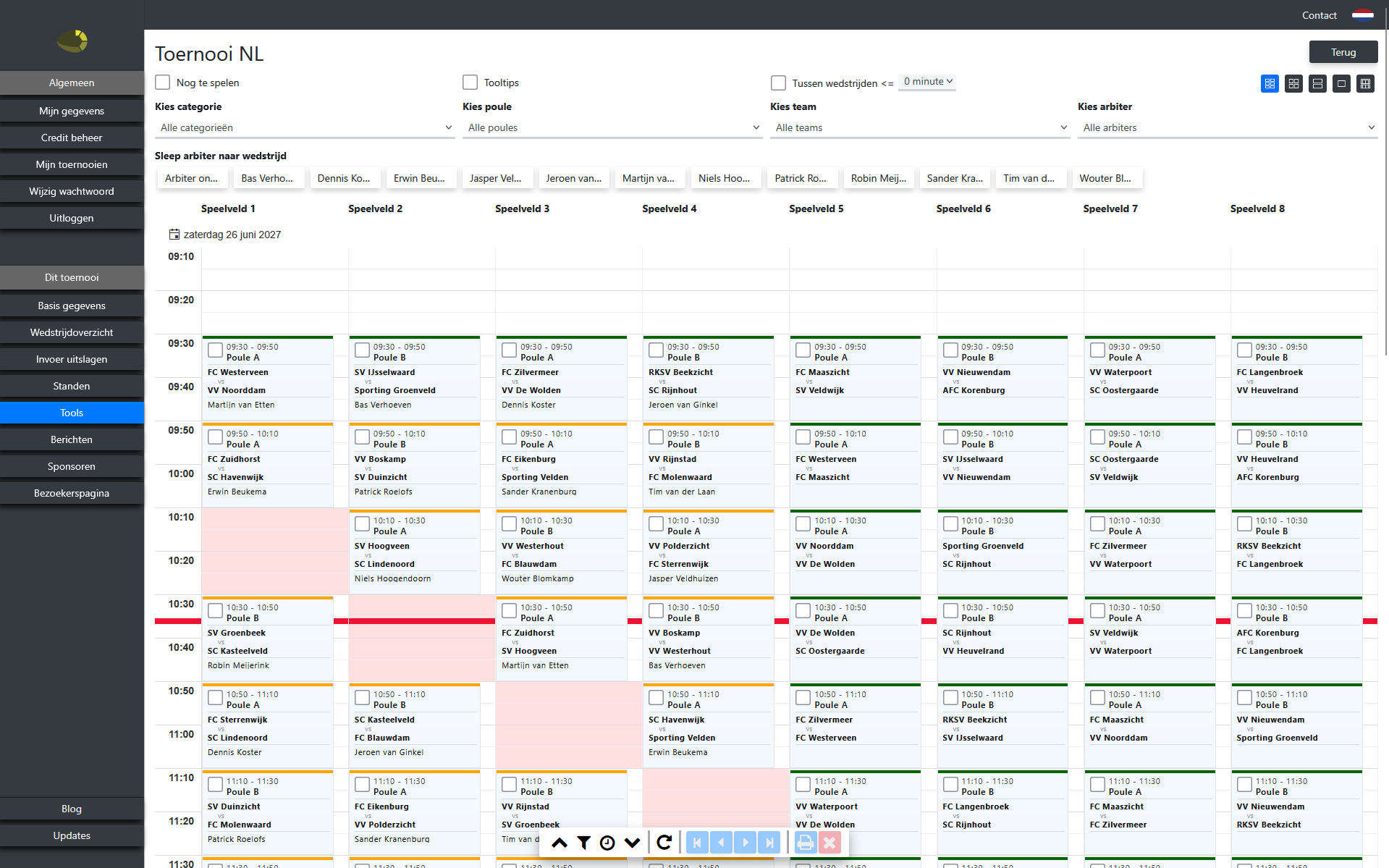 toernooisoftware.nl wedstrijdplanning met meerdere speelvelden en scheidsrechters