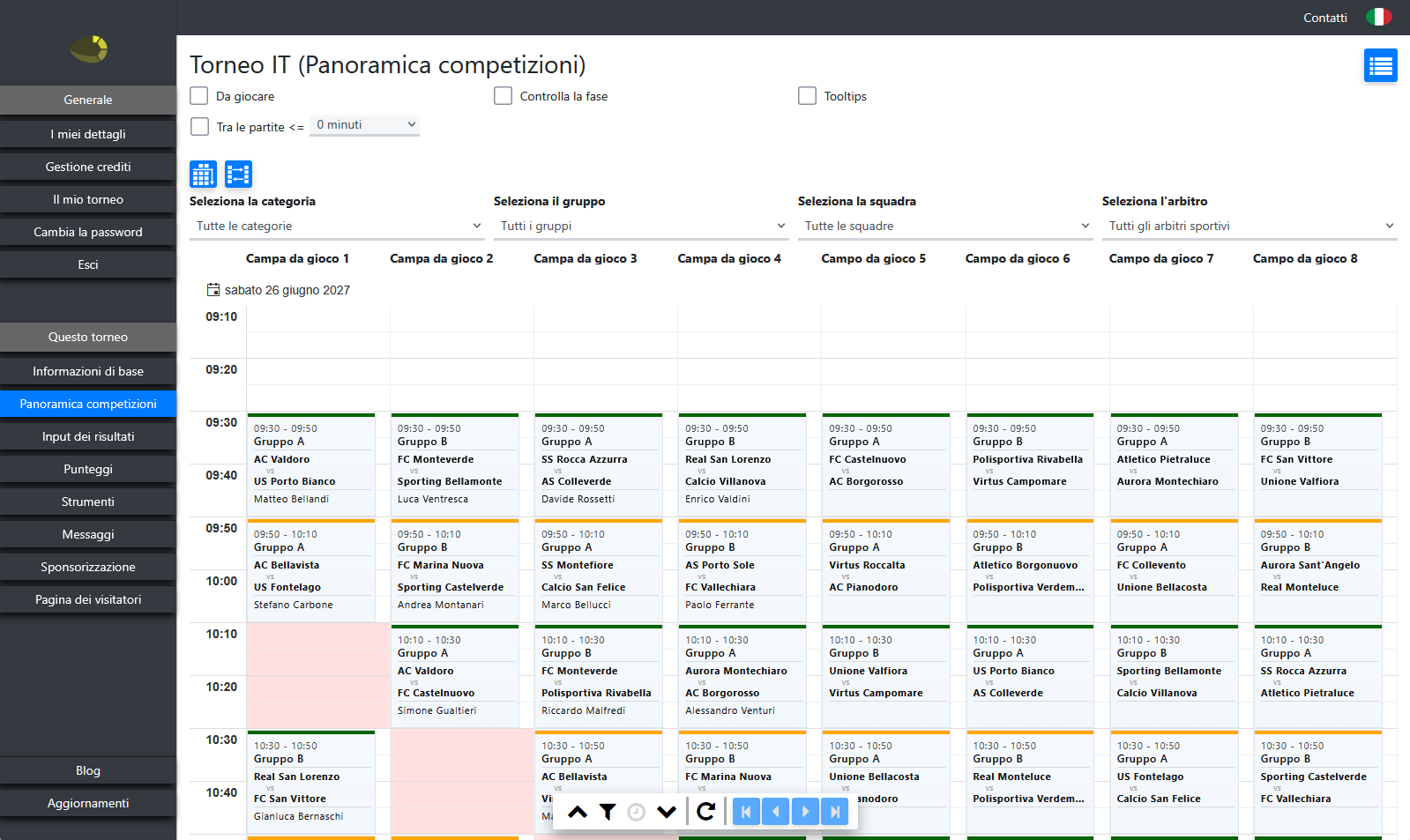 Riepilogo delle partite per giorno e campo